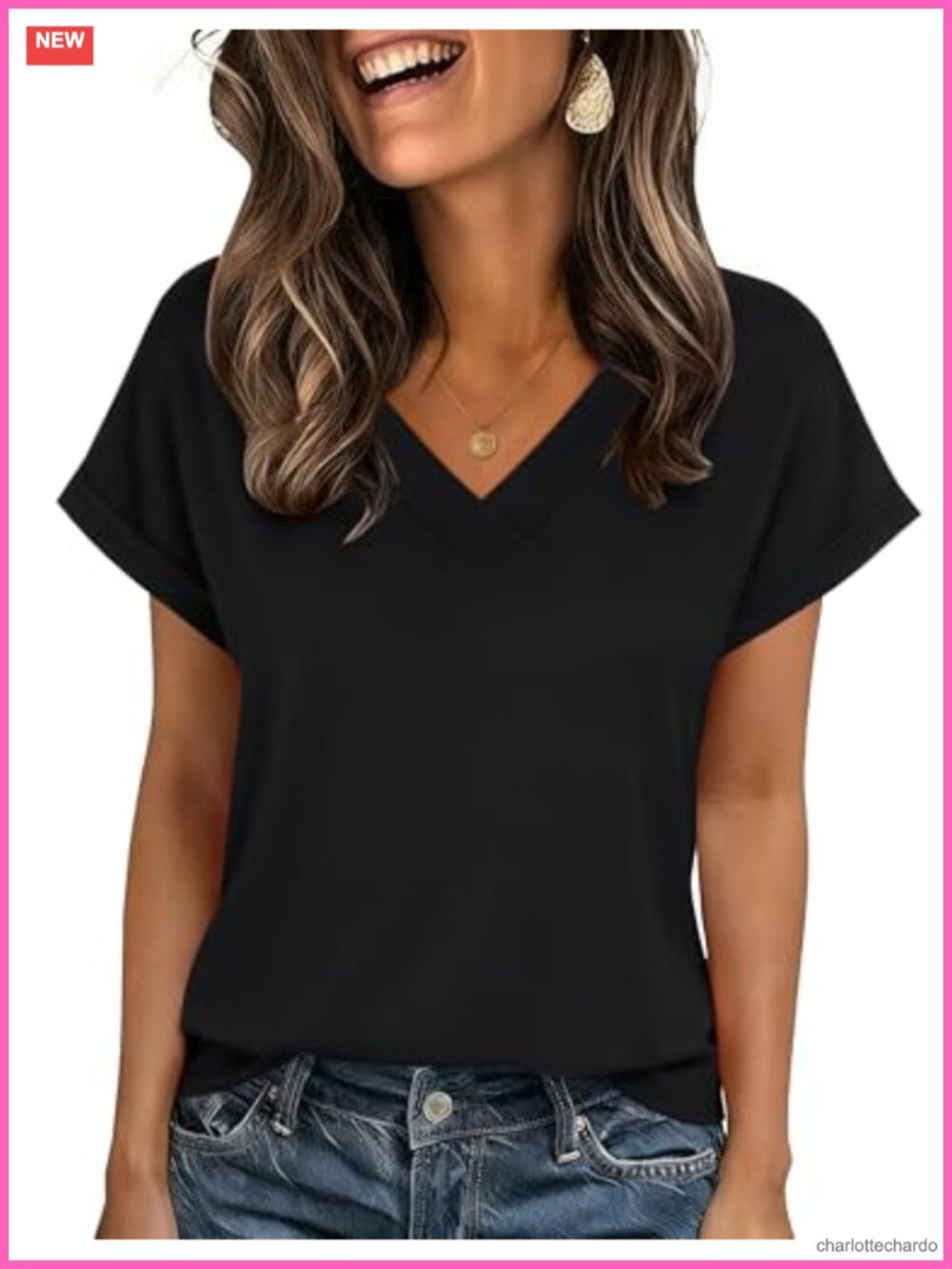 Womens V Neck Rolled Sleeve T Shirt Dressy Casual Summer Top